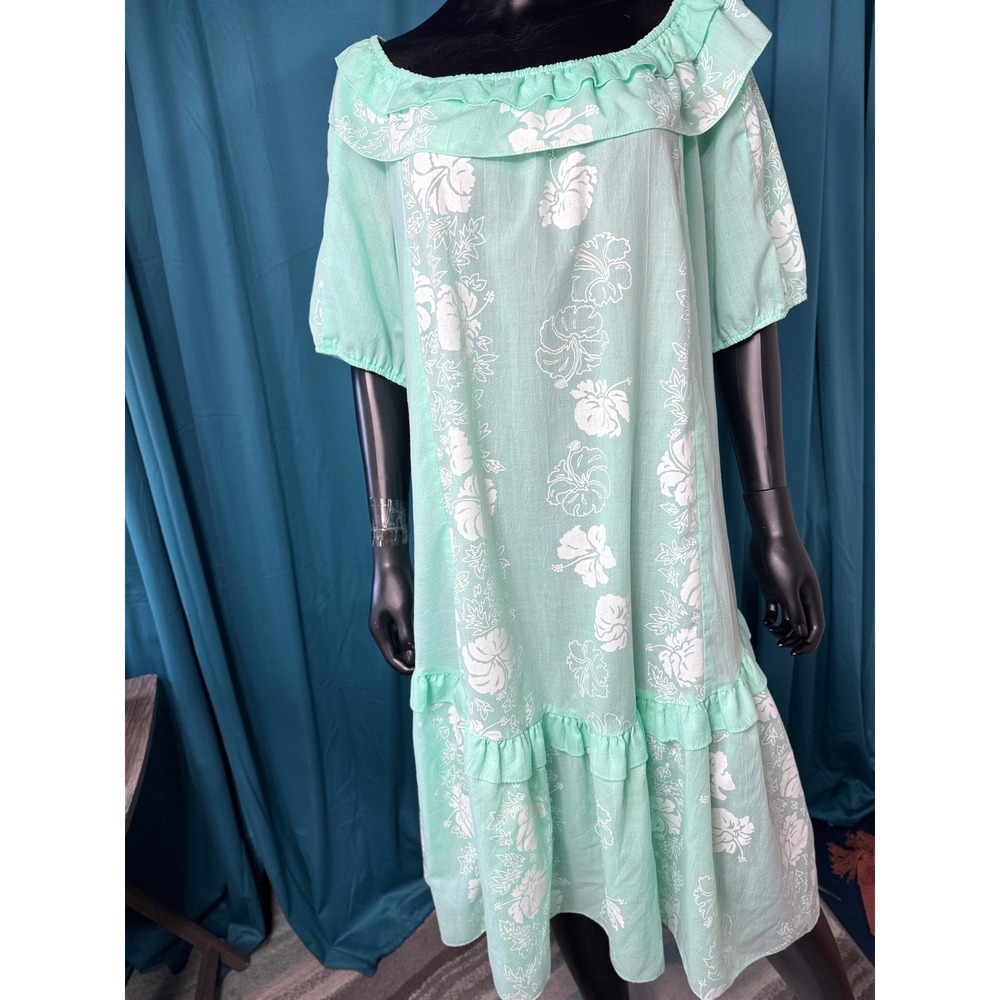 Nani Hawaii Muumuu Dress Small Mint  Green Hibiscus Floral Ruffle Off Shoulder